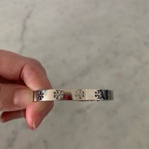 Tory Burch Silver Logo Cut Out Cuff Bracelet